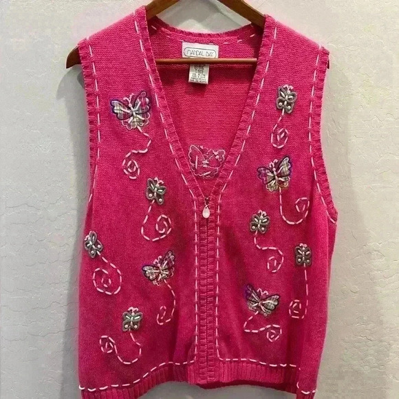 Sweaters - Mandal Bay Vintage Pink Sweater Vest Butterflies XL Ramie Cotton